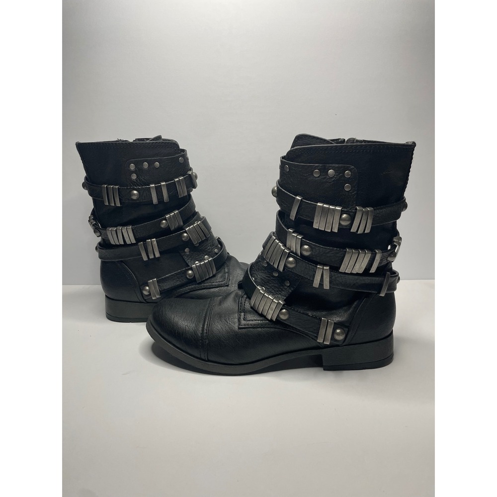 American Eagle Women Black Multi Strap Studded Combat Boots 8 7714-001